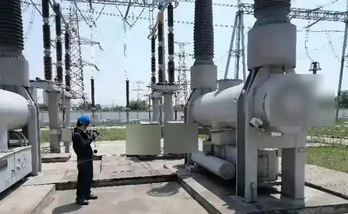 Anonymous SF6 leak inspection scene at a substation