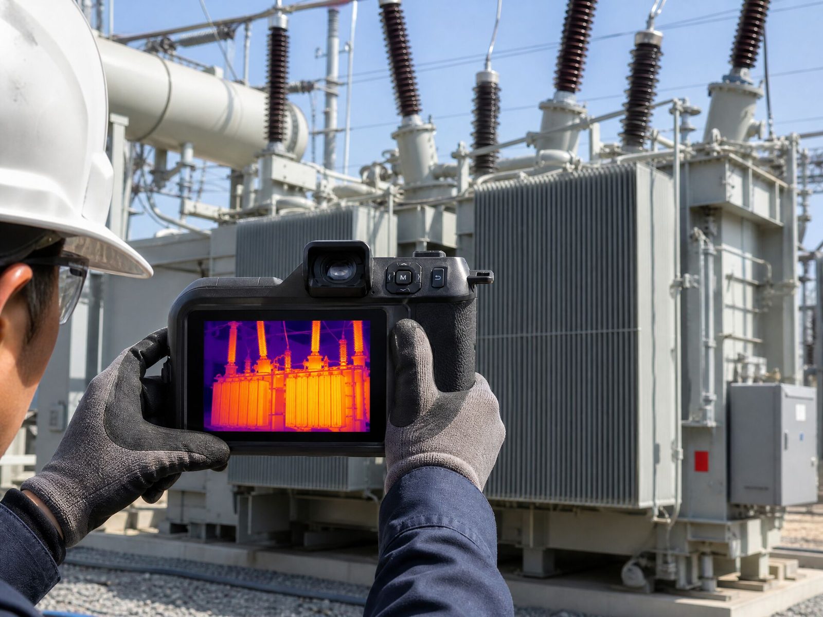 Engineer specifying an industrial thermal camera before an electrical inspection survey