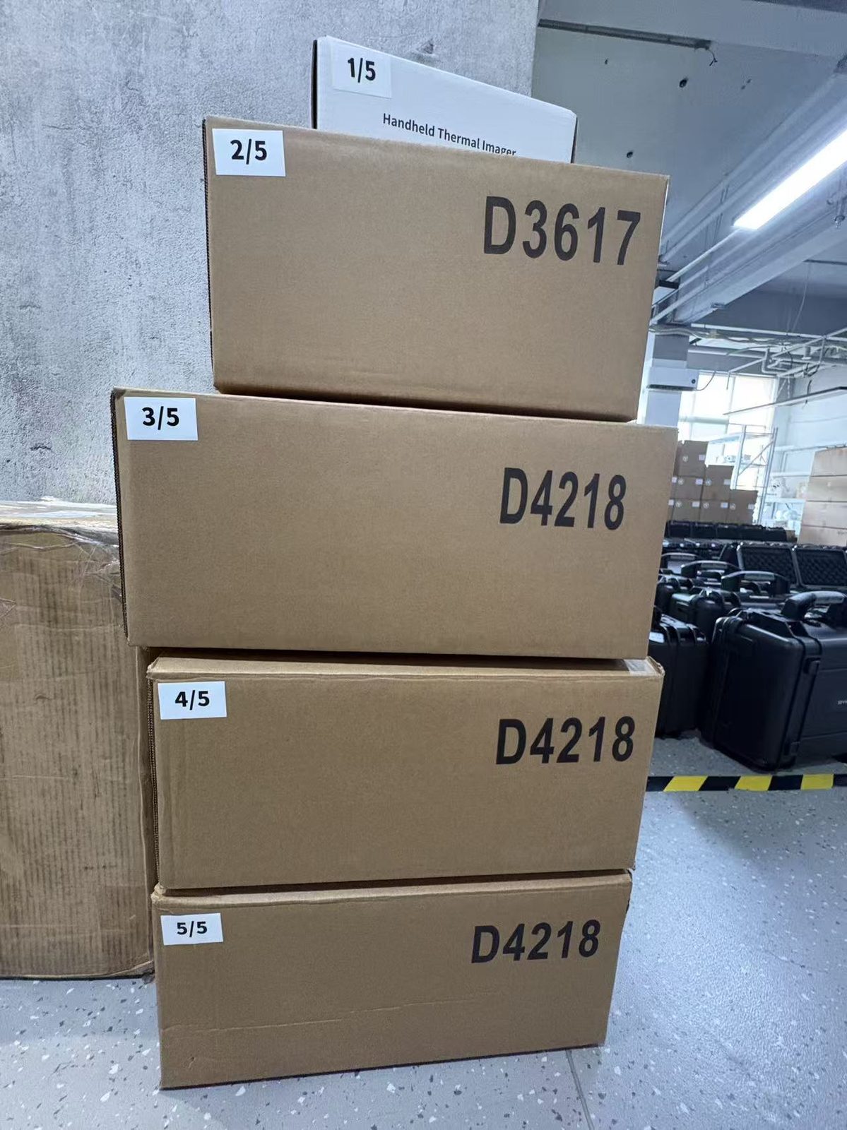 Industrial inspection equipment cartons prepared for shipment