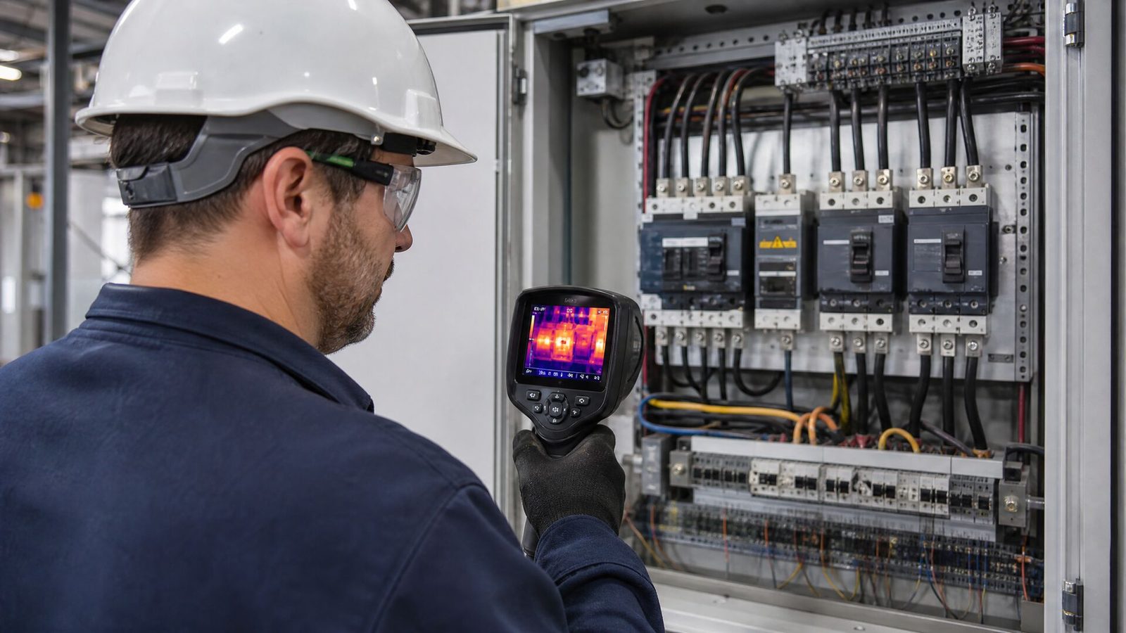 Low-voltage electrical panel open for a thermal imaging survey with a handheld thermal camera